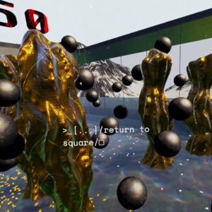 Abstraktes Bild mit dreidimensionalen Skulpturen, welche im Raum schweben. Vordergrund steht Computercode.