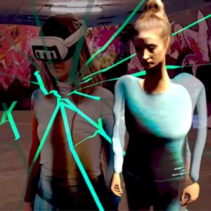 Eine Perspon mit VR-Brille steht neben einem Avatar. Grüne blitzartige Striche gehen von ihrem Hals strahlenförmig nach außen.