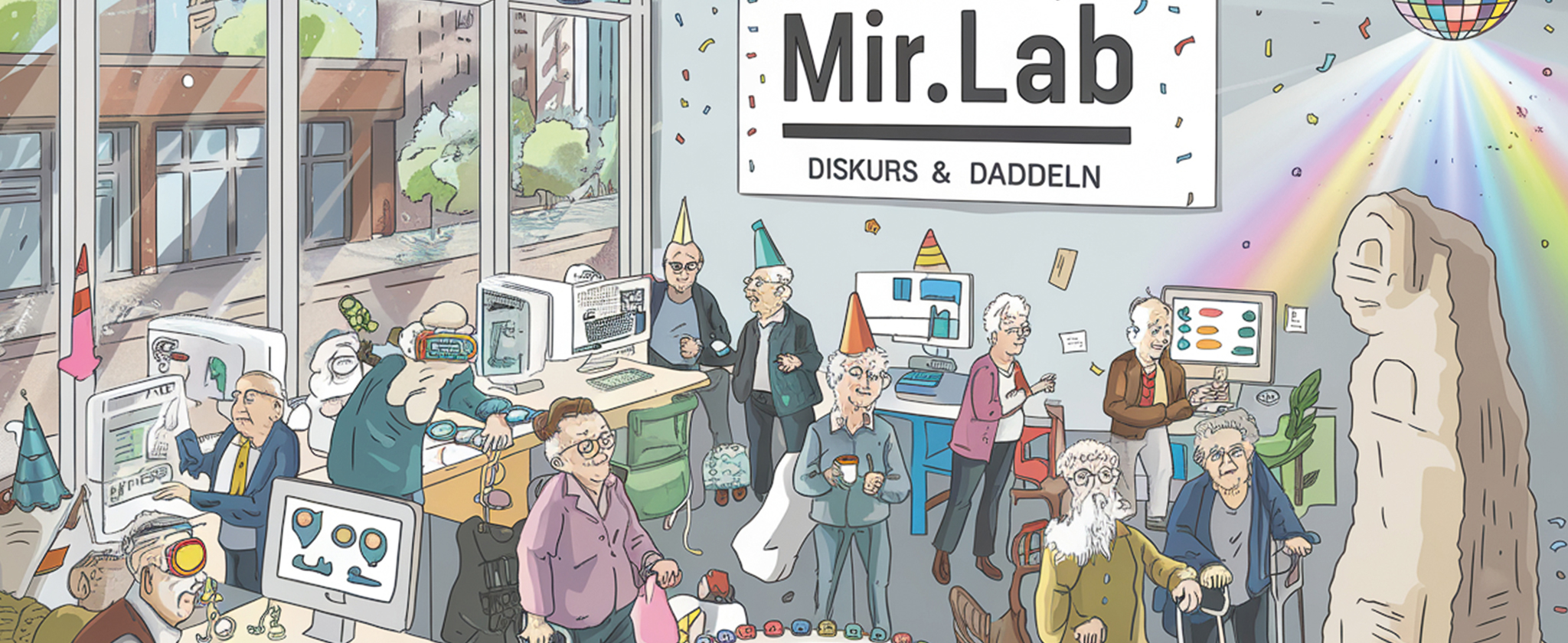 Cartoonbild von einem Raum mit großen Fenstern. An der Wand ein Schild mit der aufschrift "Mir.LAB - Diskurs & Daddeln". Mitten im Raum steht eine Torte, auf den Tischen stehen Computer. Ältere Menschen mit Partyhüten, Gehhilfen und teilweise VR-Brillen schauen sich um. Von der Decke regnet es Konfetti.