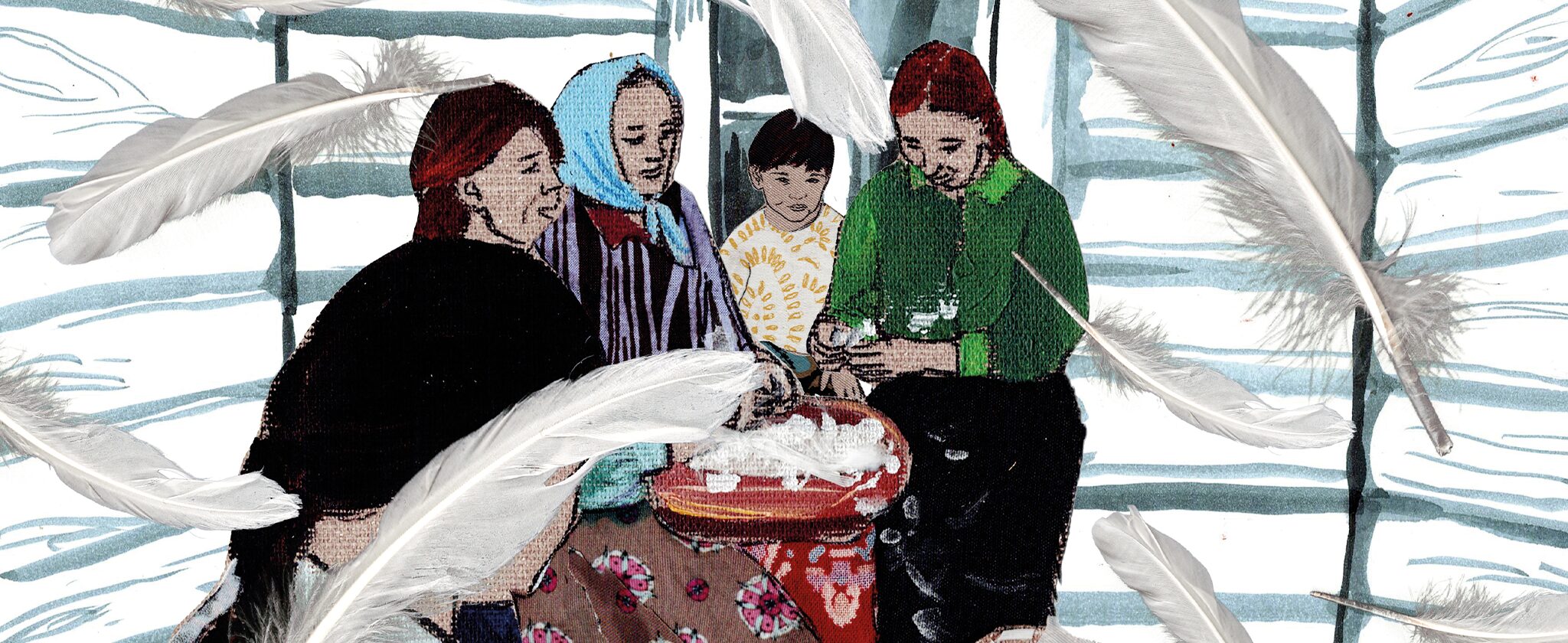 Collage bestehend aus einer Illustration von vier Personen, welche scheinbar an etwas arbeiten, gezeichneten Holzwänden im Hintergrund und Federn im Vordergrund.