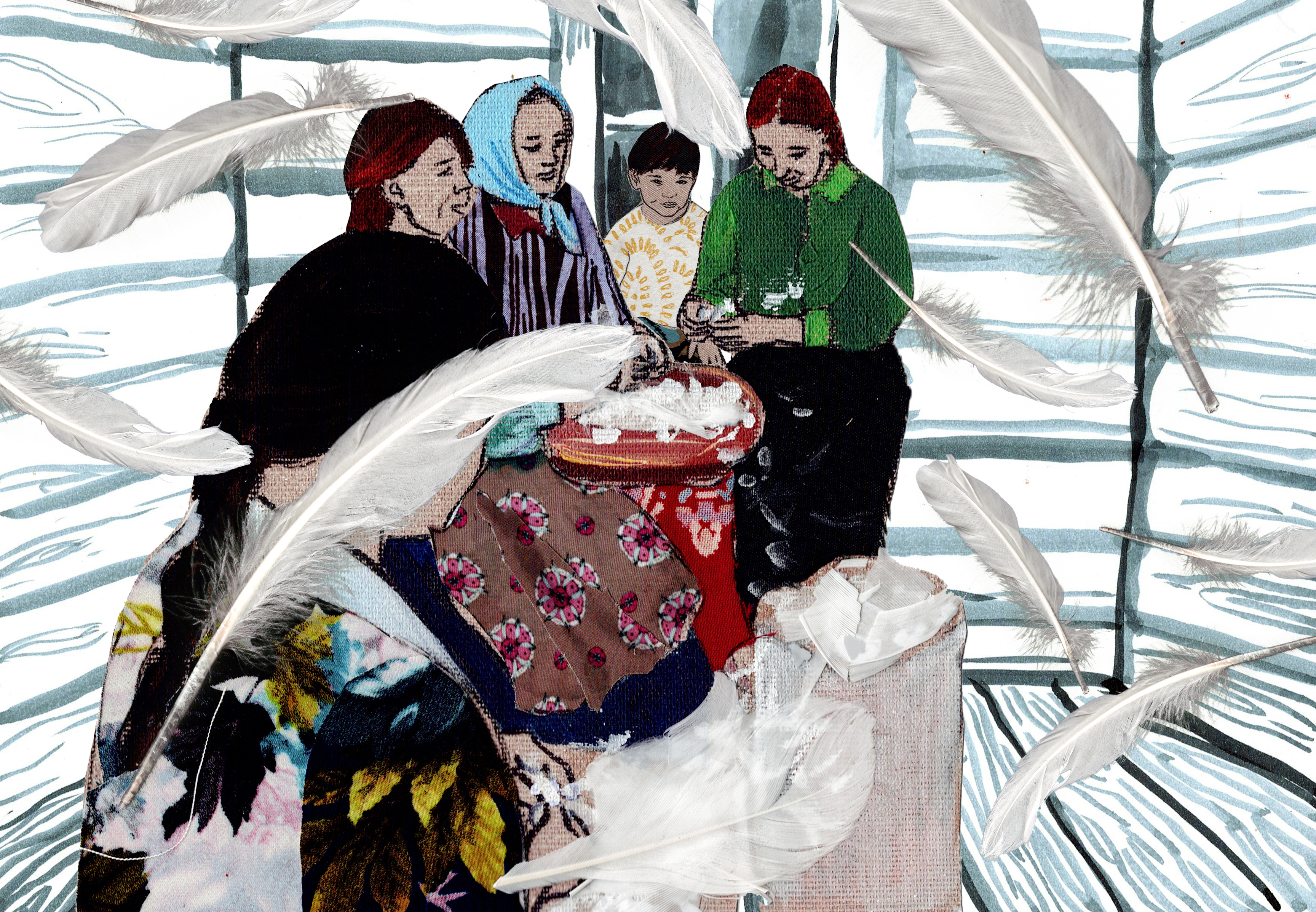 Collage bestehend aus einer Illustration von vier Personen, welche scheinbar an etwas arbeiten, gezeichneten Holzwänden im Hintergrund und Federn im Vordergrund.