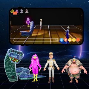 In dem Bild sieht man 4 Figuren aus dem Projekt Cyberflöte die auf der Bühne stehen.