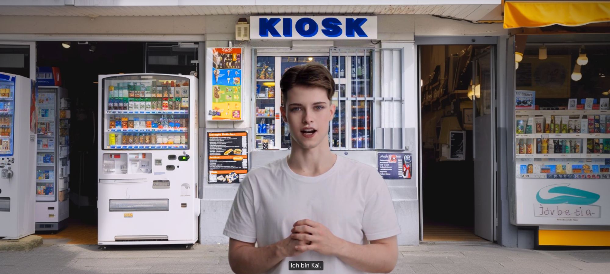 Ein KI-Mann steht vor dem Kiosk und spricht.