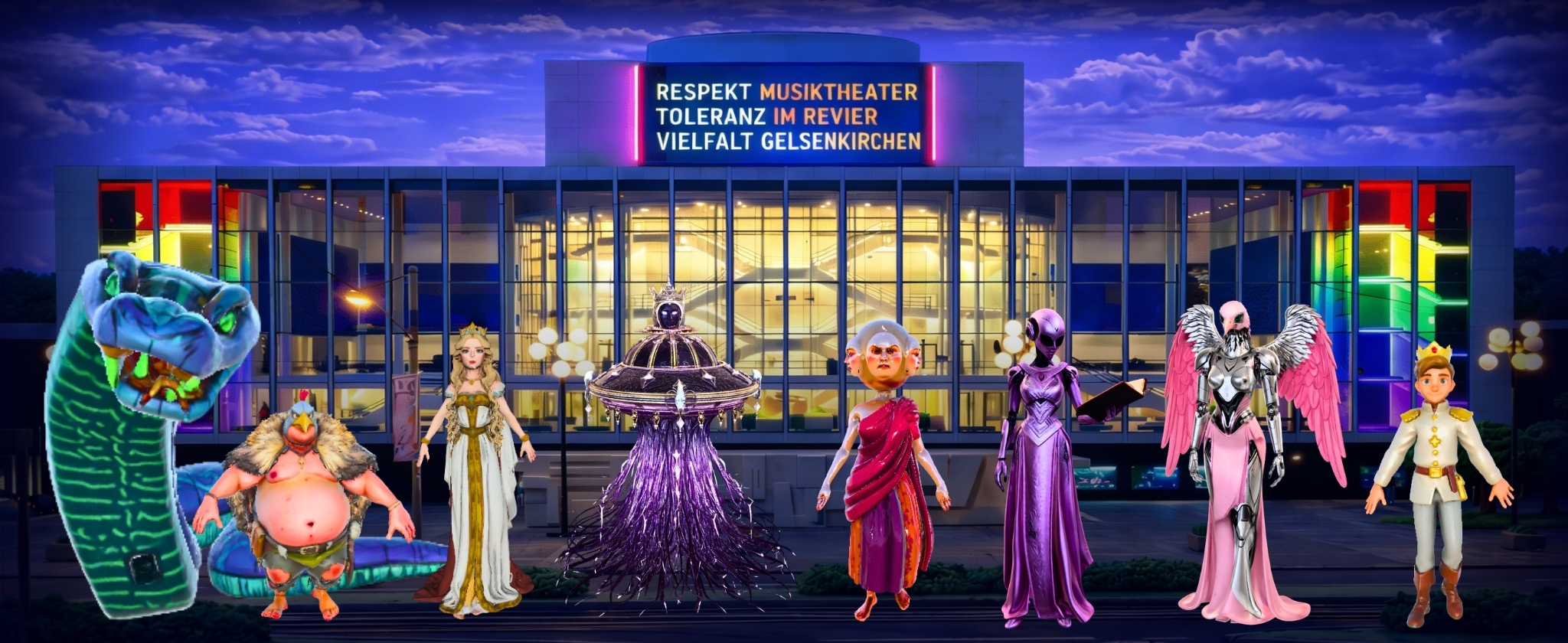 8 Spiel Figuren stehen vor dem Musiktheater im Revier.