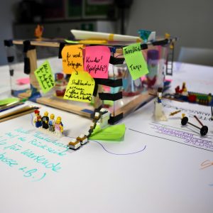 In der Mitte vom Foto ist ein Gebautes Theater aus Holz und Folie zu sehen mit vielen Bunten Zetteln dran. Vorne Links und Rechts im Bild stehen Lego Figuren und Gegenstände.