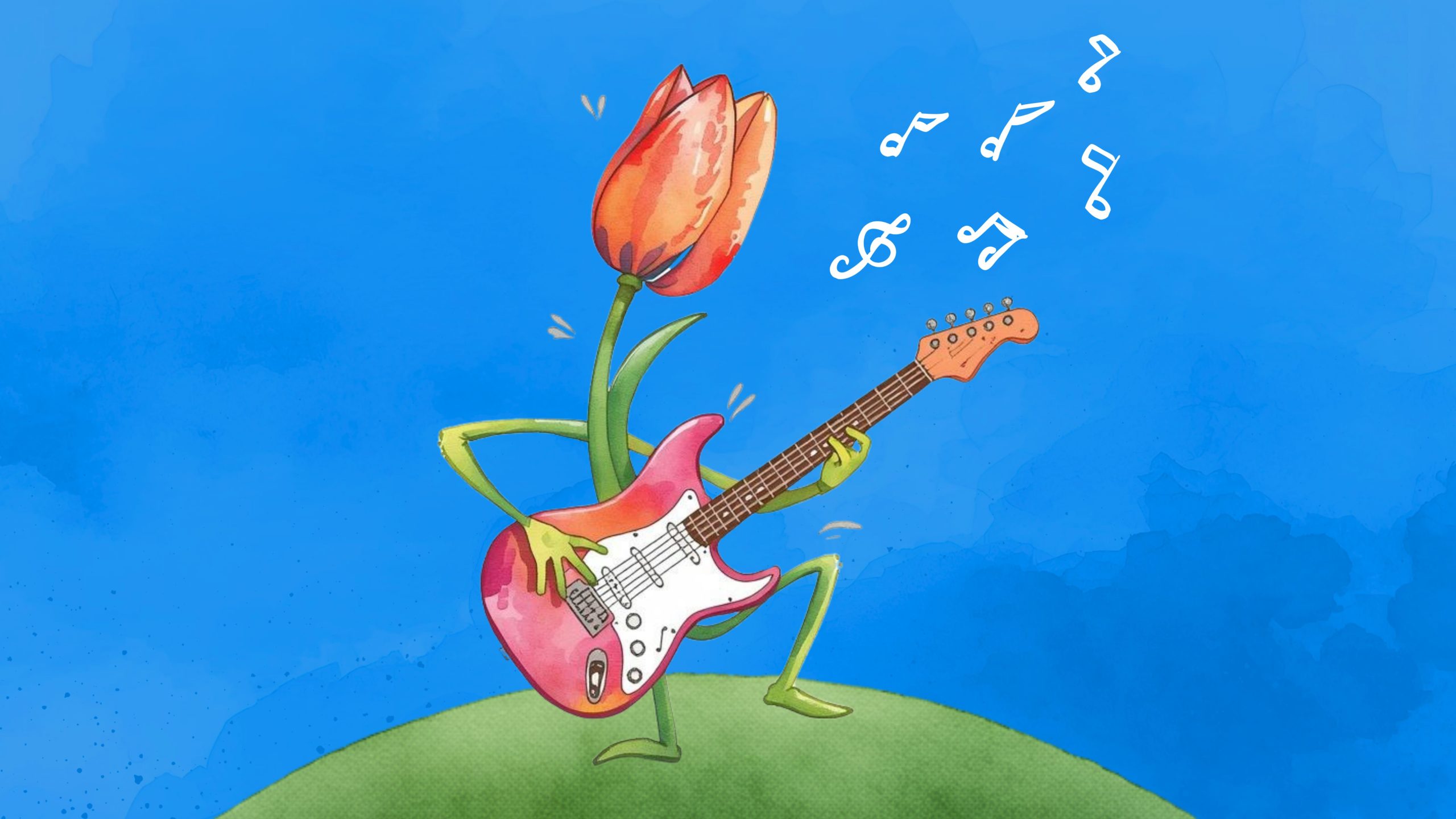 Motiv in Buntstiftoptik. Rote Tulpe spielt rote E-Gitarre. Blauer Hintergrund. Grüne Wiese. Noten und Notenschlüssel fliegen.